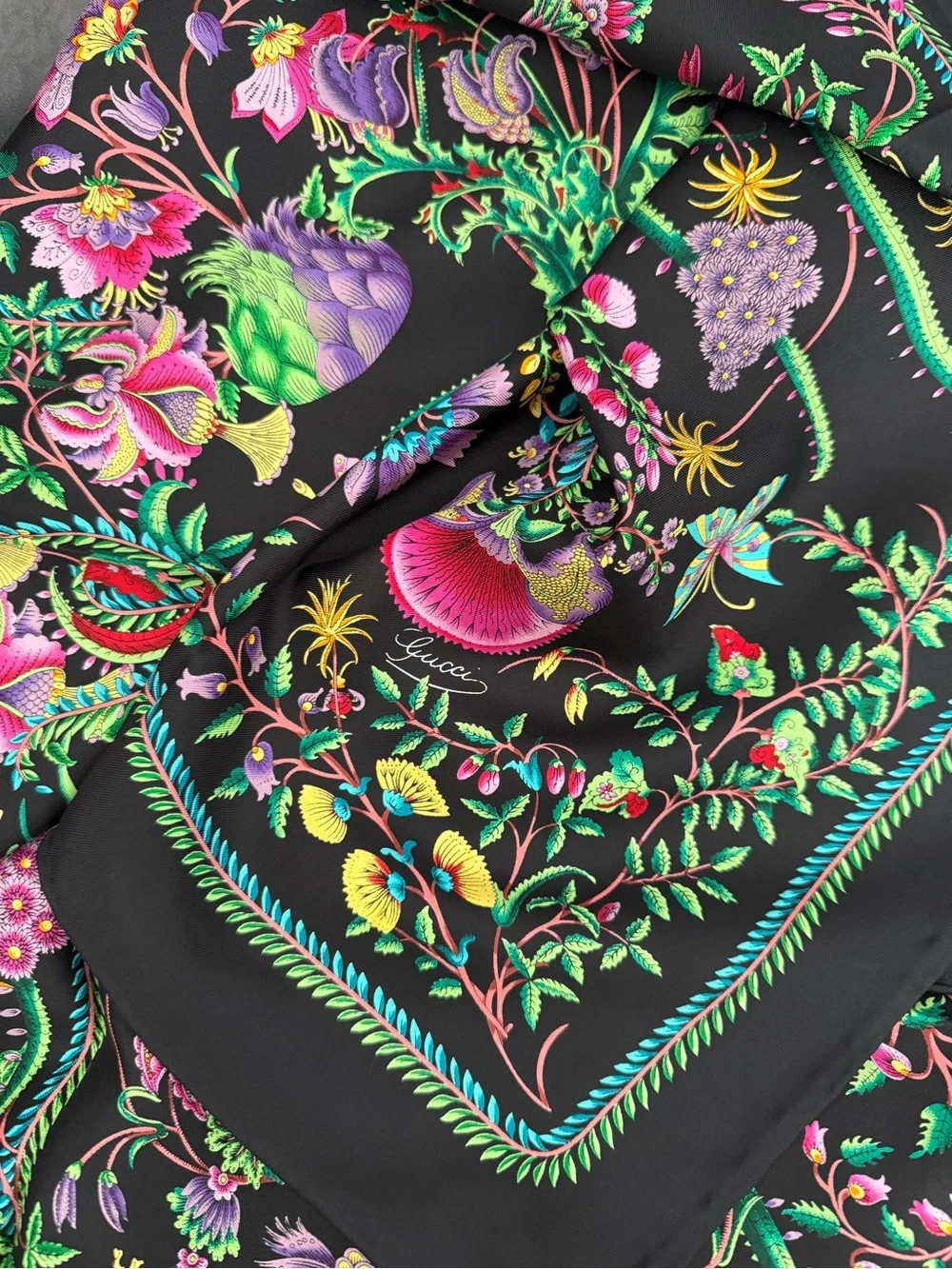 Display #3 Gucci Floral Black Green Multicolor Flora Silk Scarf Wrap